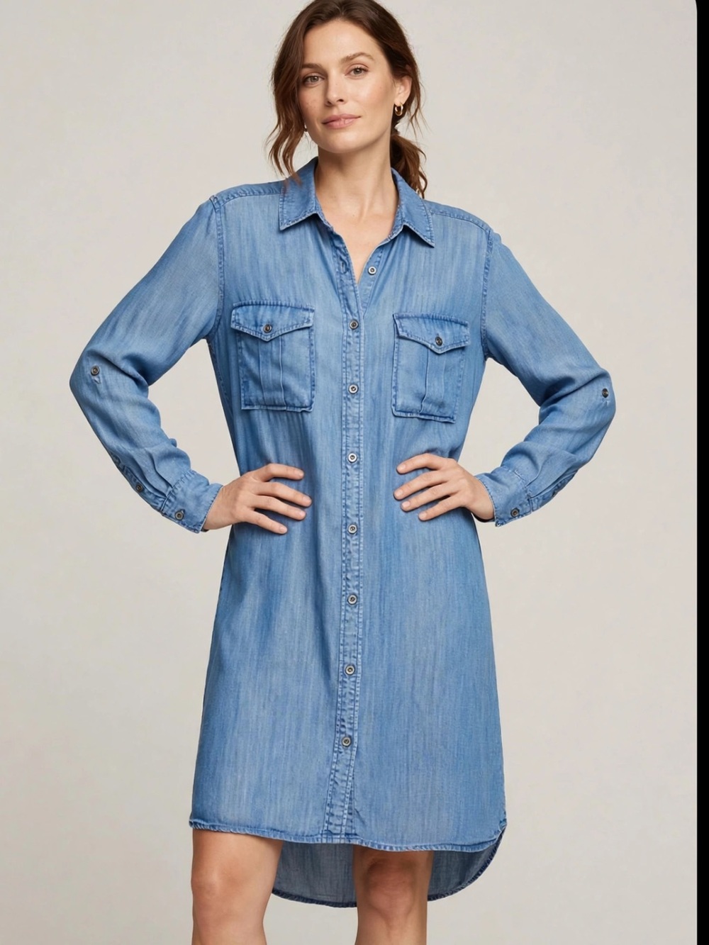 Button-Front Light Blue Denim Shirt Dress